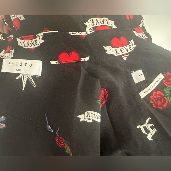 Sandro 'Mellie' 100% Silk Long Sleeve Button Up Women's Blouse With Tattoo Print - Picture 7 of 8